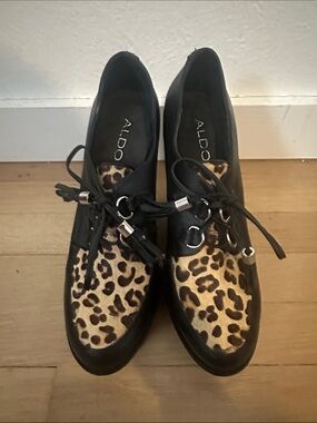 ALDO Black Lace-Up platform Shoes with Leopard Print Panels
